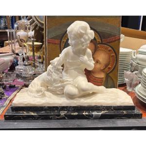 Alberto saccardi jeune fille au lévrier sculpture en marbre epoque art déco 1930