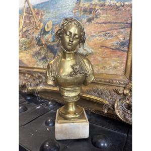 Laurent, 19th-century Gilded Bronze, Cast In Suss, Bust Of A Young Girl Lost In Thought, On An Onyx Pedestal