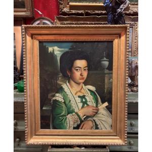  Tableau portrait jeune fille à l habit vert huile sur toile XIXe signé 