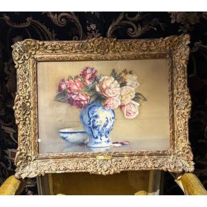 Rosenstock Still Life Painting In Watercolor And Pastel—a Bouquet Of Roses In A Beautiful Wooden Frame