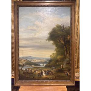 19th-century Oil-on-canvas Painting, Mounted On A Cardboard Panel, Depicting A Country Dance Scene 