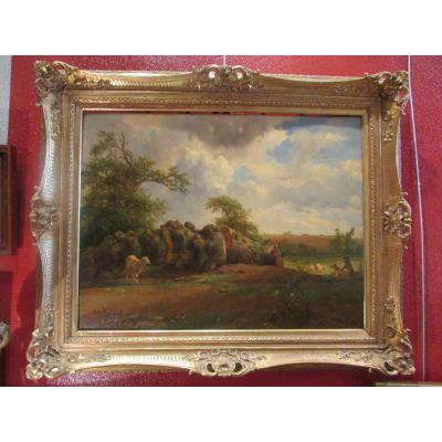 Grand Tableau Huile Sur Bois Brascassat 1852 XIXeme Ecole De Barbizon Mouton