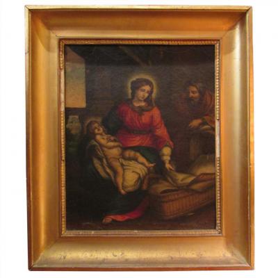 Old Table Oil On Canvas Era XVII Holy Family Religious