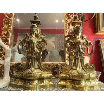 Old Pair Of Fireplace Andirons Barre De XIX Eme Napoleon III Gilt Bronze