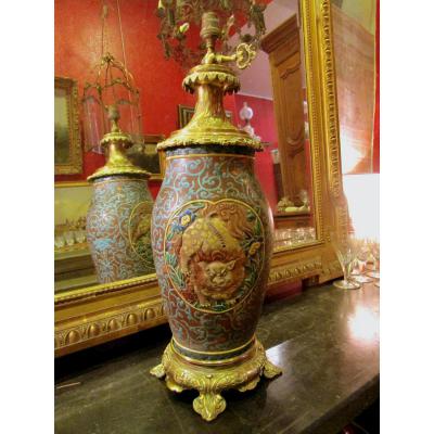 Grand Vase Japonais Fin XIXeme Monté Lampe Bronze Doré Decor Emaillé Lion 