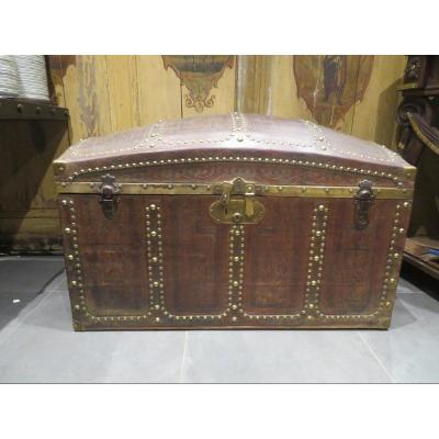 Large Old Trunk Navy Bombee Leather Studded Brass Epoque Nineteenth