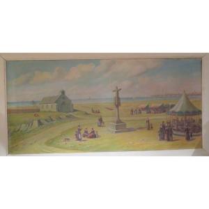 Bel Ancien Grand Tableau Naïf  Breton Fete Foraine Sur Une Plage Bretonne Bigoudene Signé Robi 