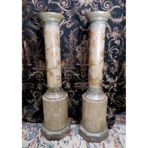 Paire De Colonnes Art Religieux XIXe  Style Roman  Decor D Enroulement De Vigne  En Bois Peint