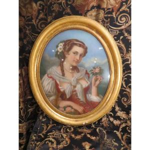 Bel Ancien Grand Tableau Ovale Portrait De Jeune Fille Pastel époque XIXe marchande  fleurs