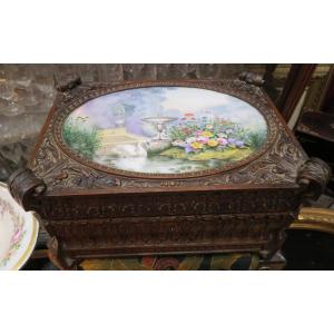 Rare Paris Fichet Box Nineteenth Napoleon III Walnut Box Painted Swan Lake Porcelain Plate