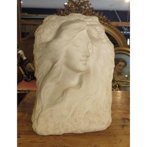 Carrara Marble Bust Sculpture Bas Relief Elegant Art Nouveau Period Signed Lebrun
