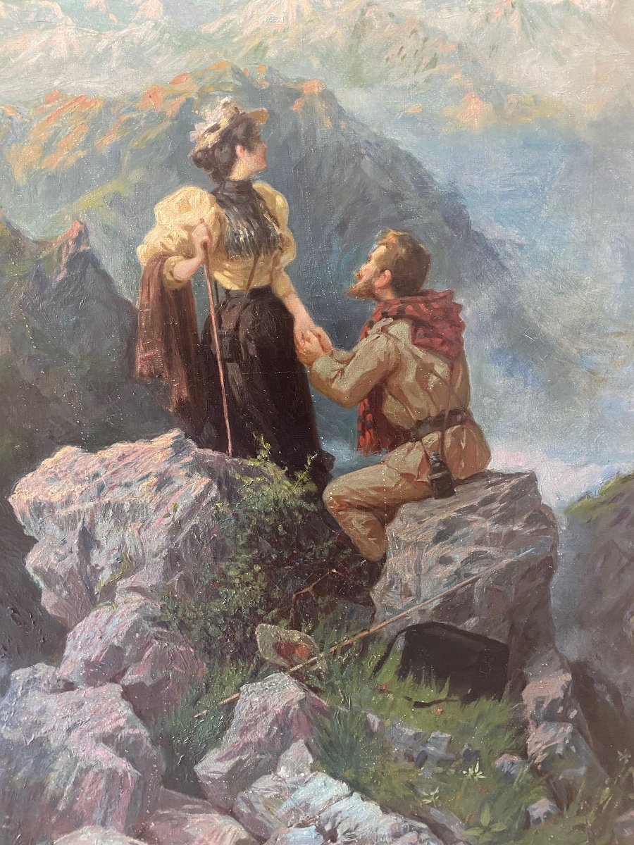 Loving Couple At Altitude, Oil On Canvas Late 19th Century-photo-2
