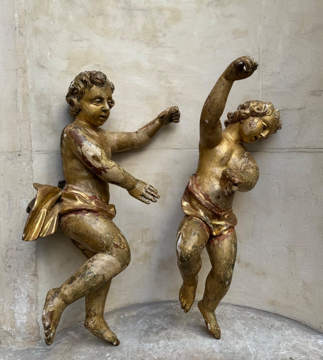 Pair Of Large Wooden Putti 18th Century -photo-2
