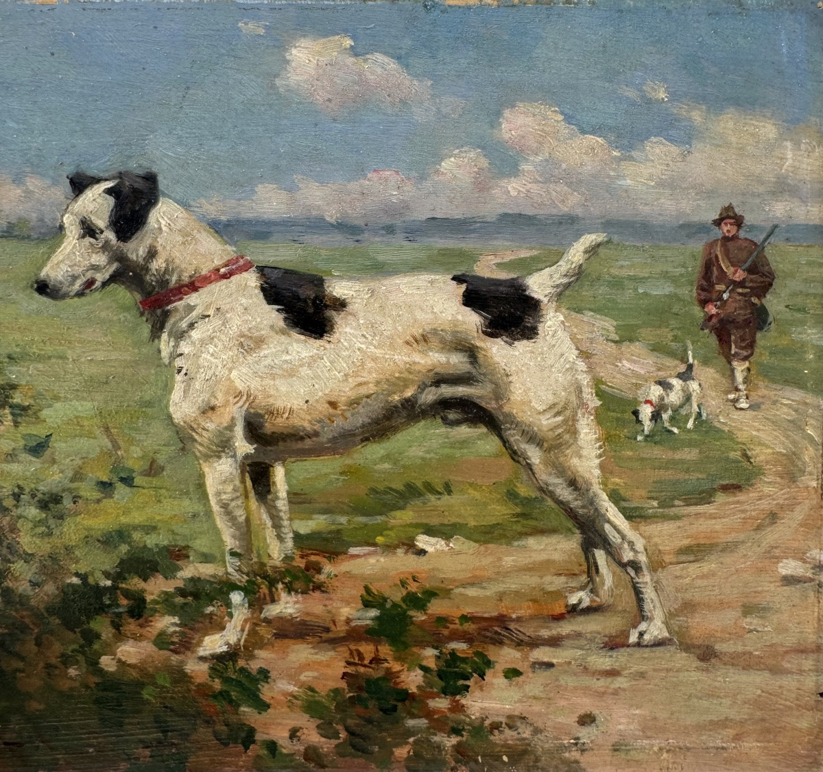 Portrait De Chien De Chasse, huile sur bois début 20 ème siècle -photo-1
