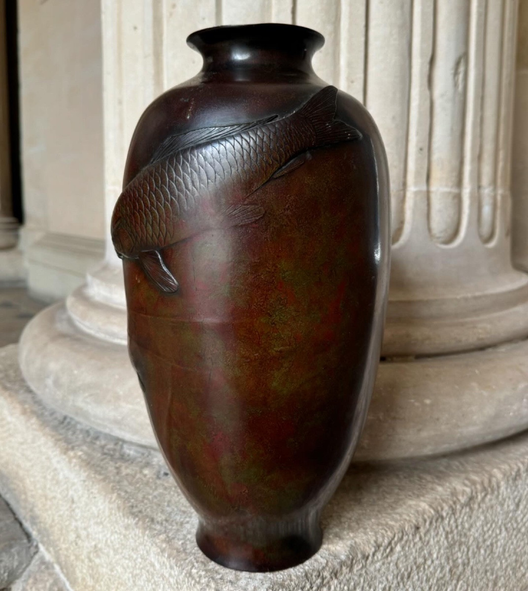 Vase Japonais En Bronze  à Décor De Carpes, Époque Meiji -photo-2