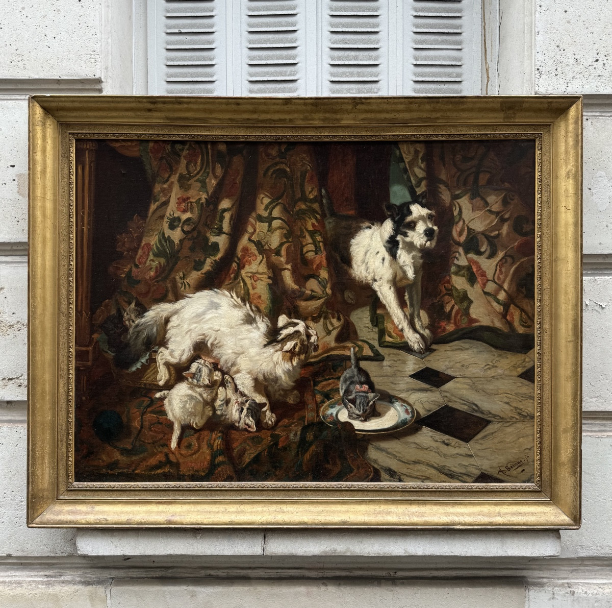 L’Importun, Grande Huile Sur Toile Par Amédée Besnus  1856