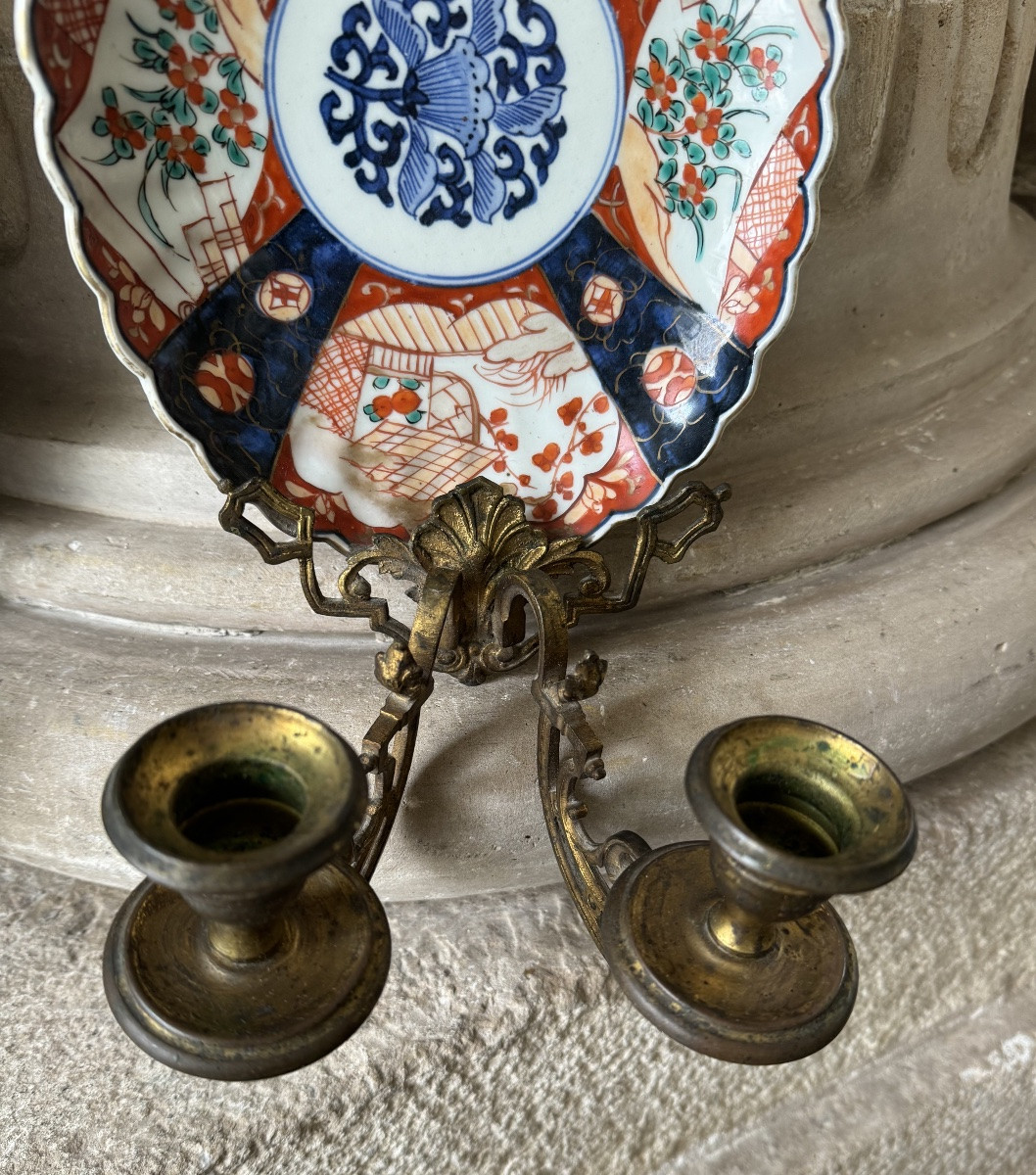 Pair Of 19th Century Imari Porcelain And Gilt Metal Wall Lights -photo-3