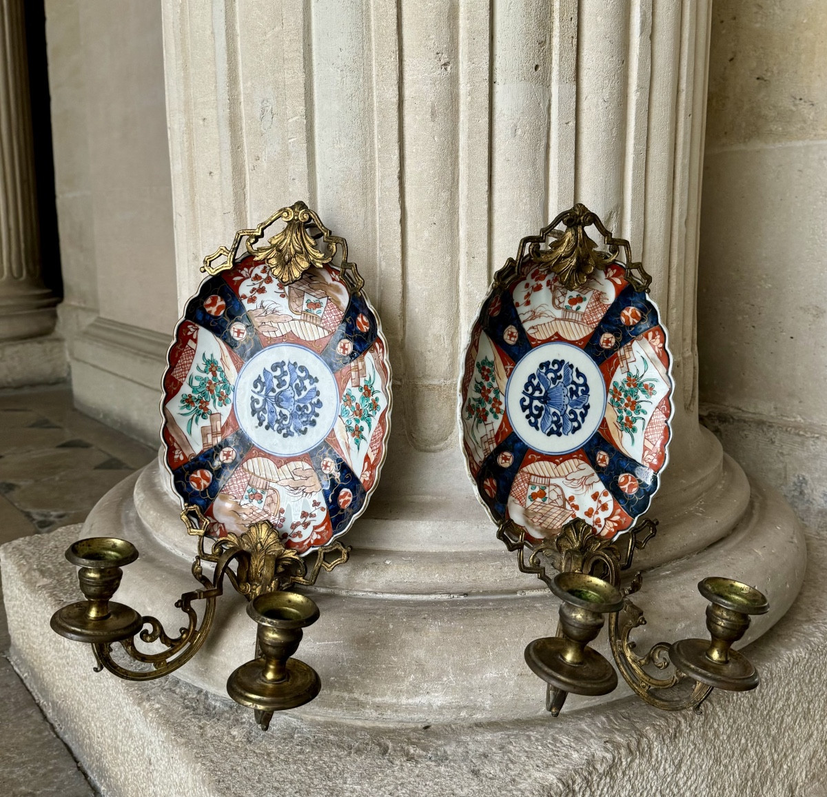 Pair Of 19th Century Imari Porcelain And Gilt Metal Wall Lights 