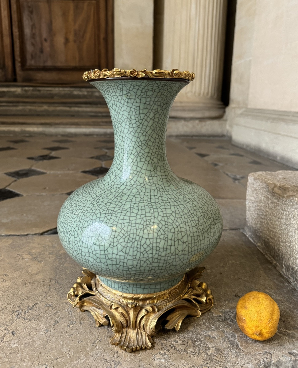 Pair Of Celadon Vases With Gilt Bronze Mounts 19th C-photo-2
