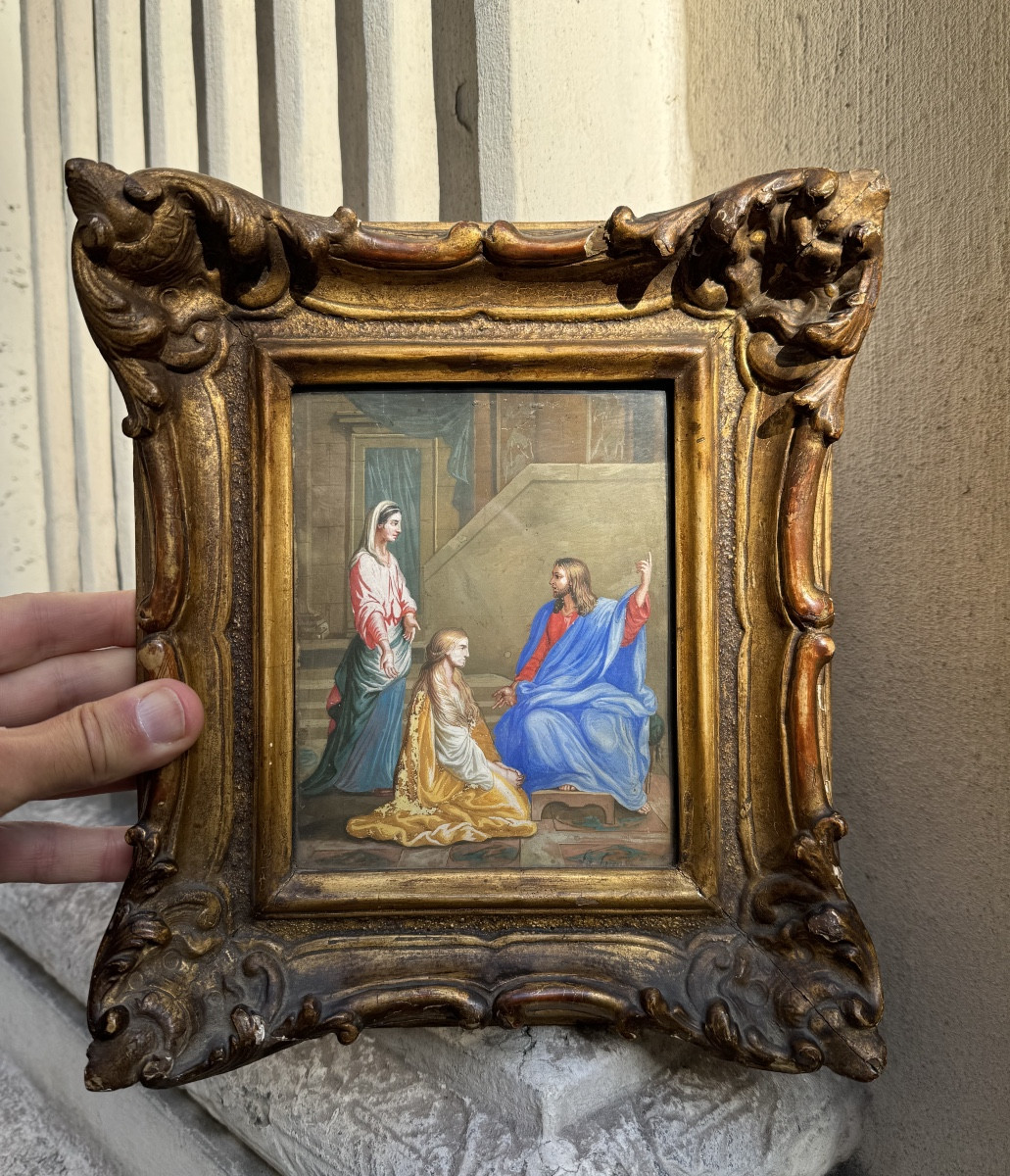 Le Christ Avec Marie Et Marthe, Gouache Sur Papier 18ème Siècle 
