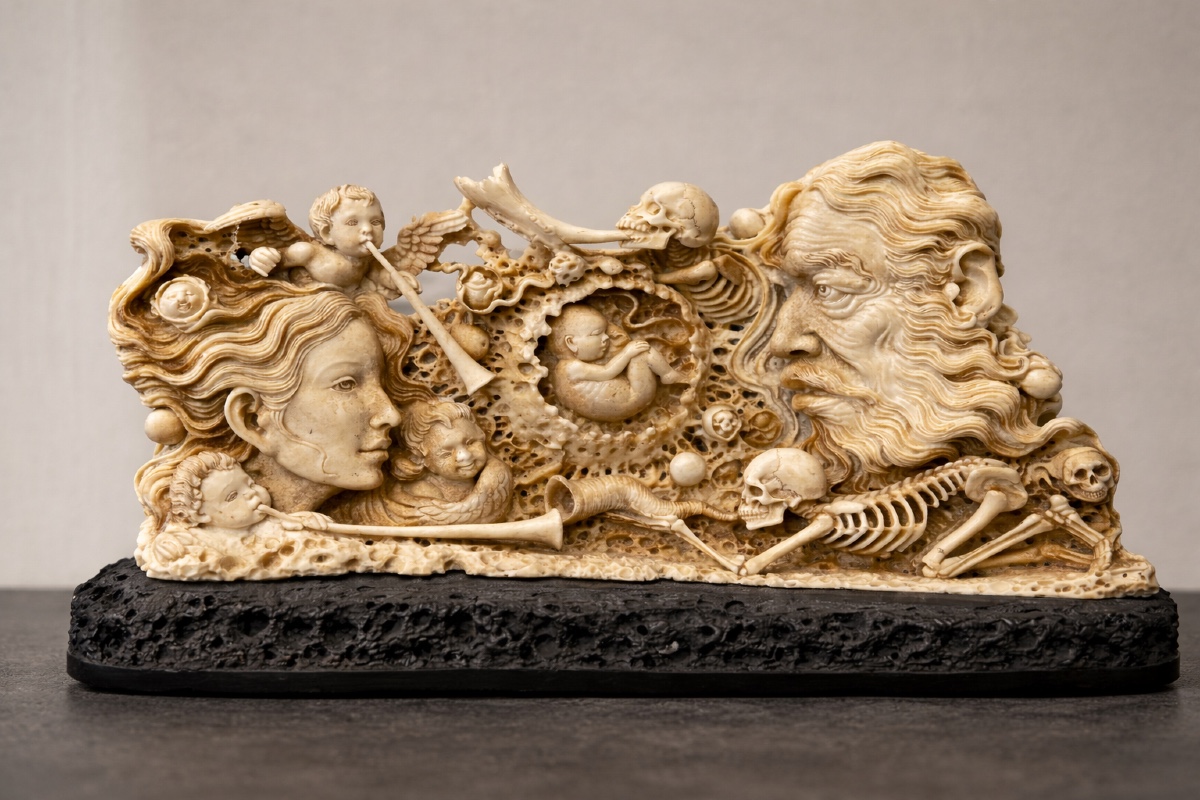 Allégorie De La Vie Et De La Mort, Os De Buffle 20ème Siècle 