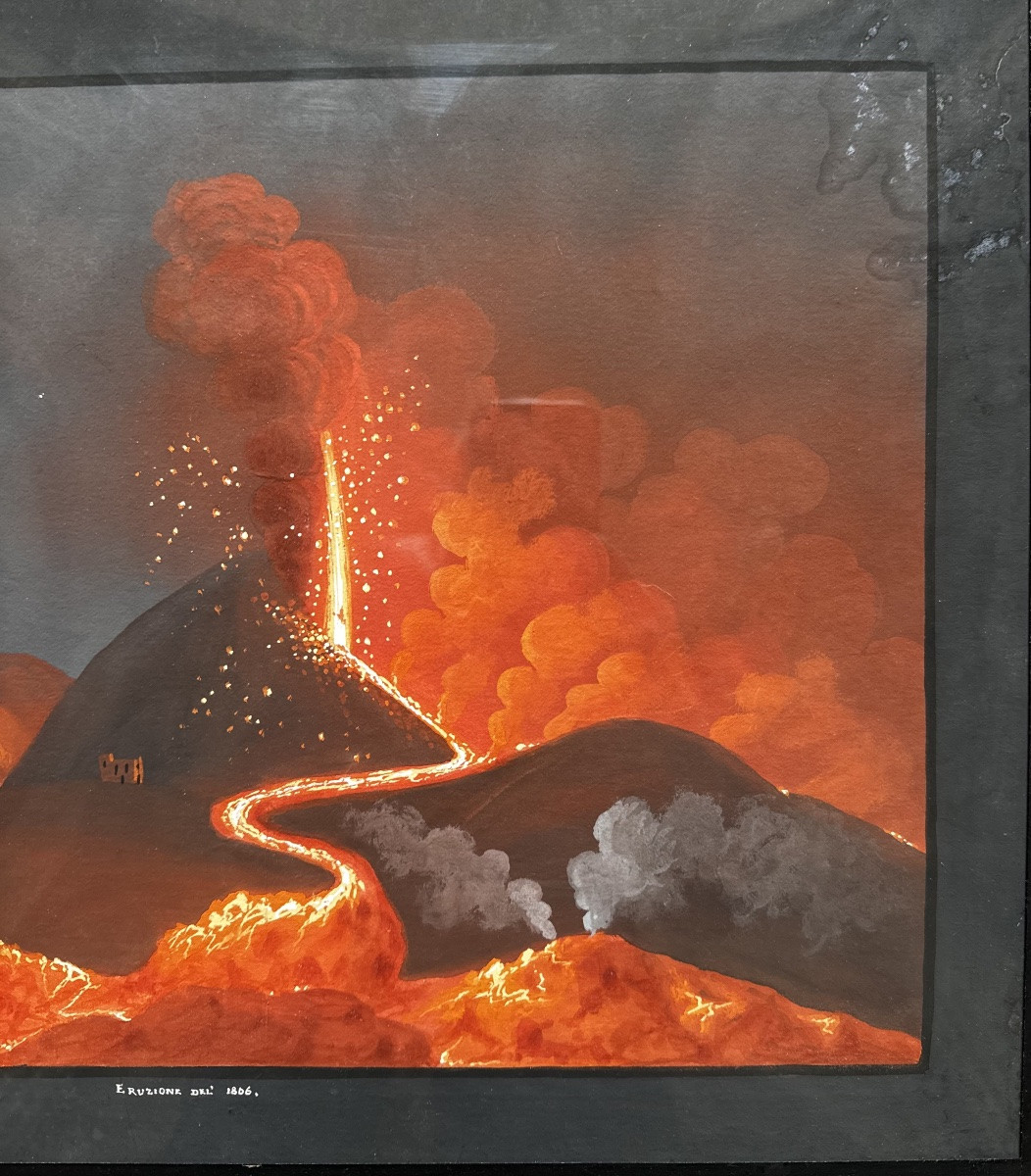 Éruption Du Vésuve En 1806, Gouache Napoligaine 19ème Siècle -photo-2