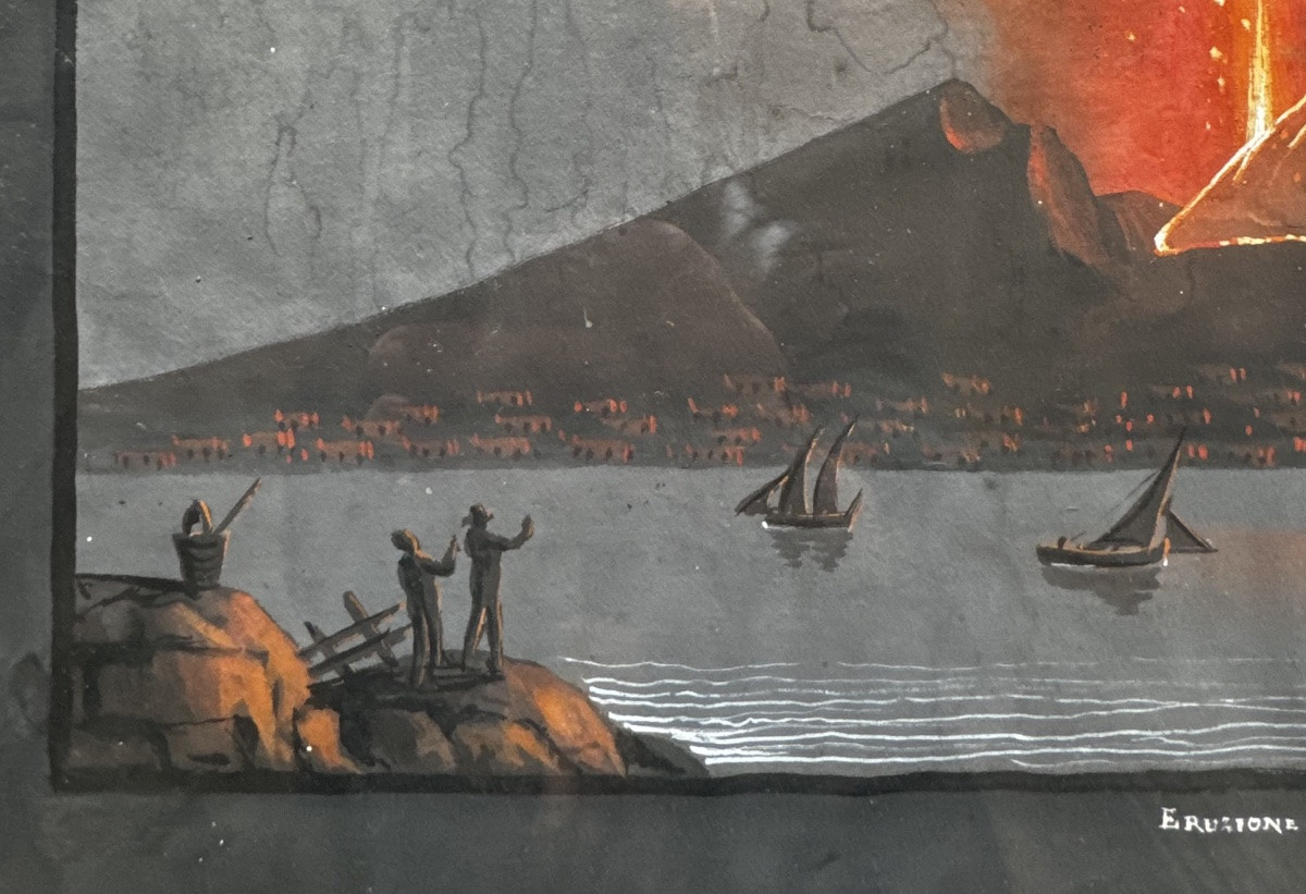 Éruption Du Vésuve En 1752, Gouache Napolitaine 19ème Siècle -photo-1