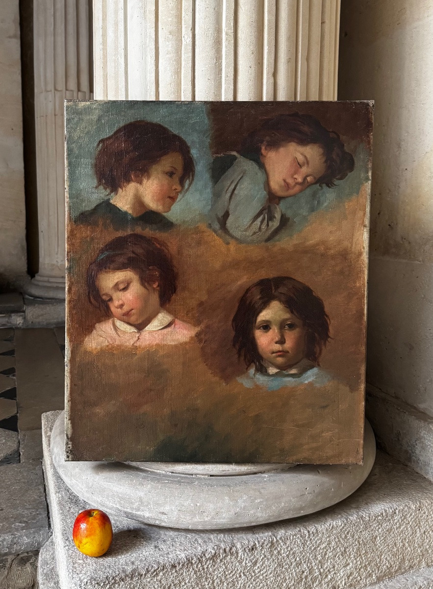 Étude De Têtes d’Enfants, Huile Sur Toile 19ème Siècle -photo-1