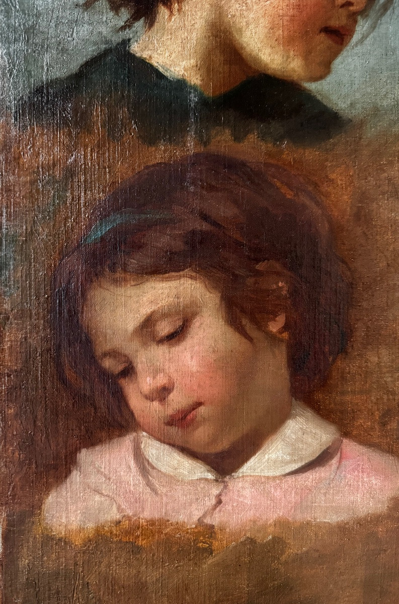 Étude De Têtes d’Enfants, Huile Sur Toile 19ème Siècle -photo-3