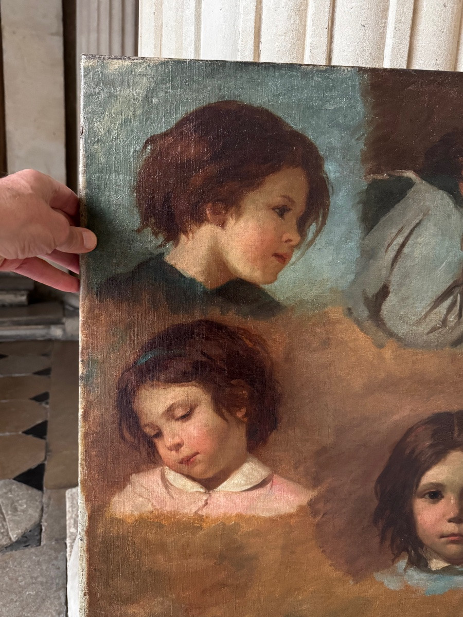 Étude De Têtes d’Enfants, Huile Sur Toile 19ème Siècle -photo-6