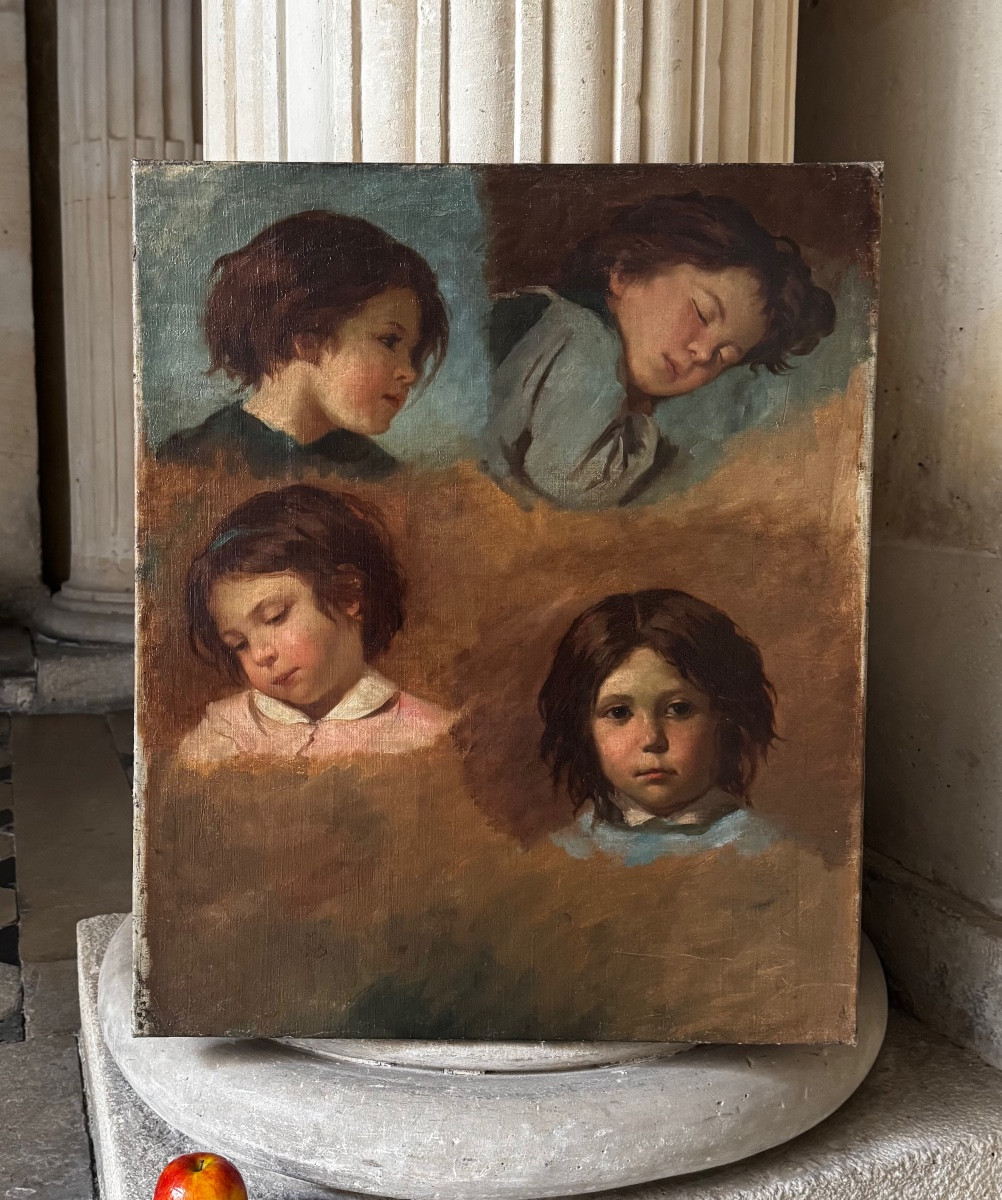 Étude De Têtes d’Enfants, Huile Sur Toile 19ème Siècle 