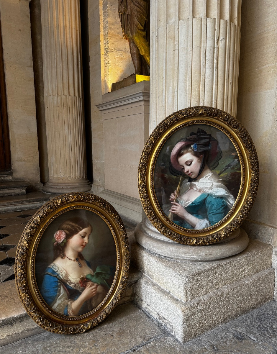 Pair Of Large Pastels Circa 1860 By Constant Joseph Brochart