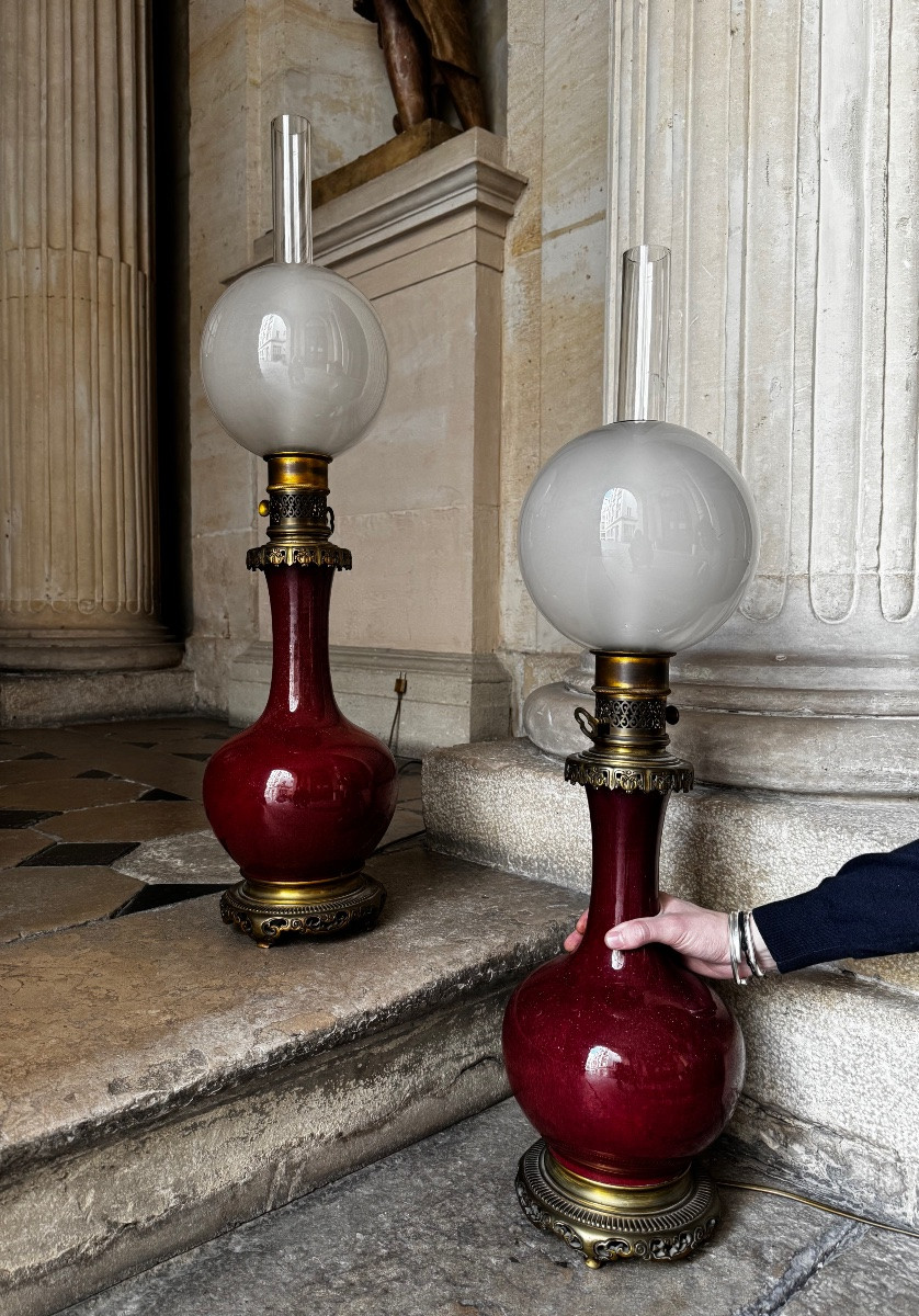 Paire De Lampes À Pétrole, Maison Gagneau Fin 19ème Siècle -photo-5