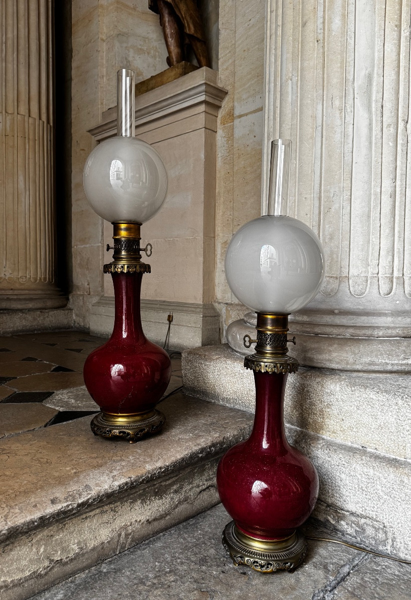 Paire De Lampes À Pétrole, Maison Gagneau Fin 19ème Siècle 