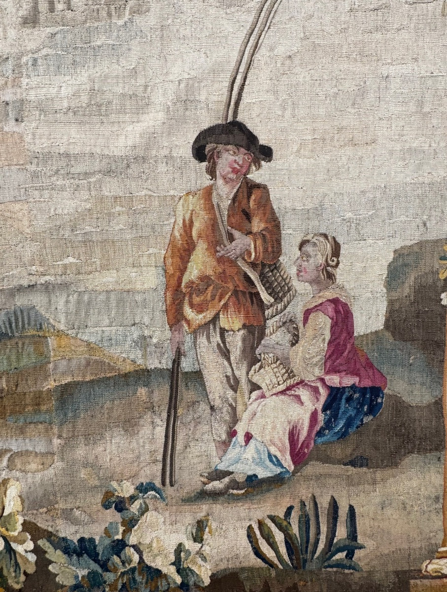 Scène De Pêche Galante Au Bord De L’eau, Tapisserie d’Aubusson Milieu 18ème Siècle -photo-2
