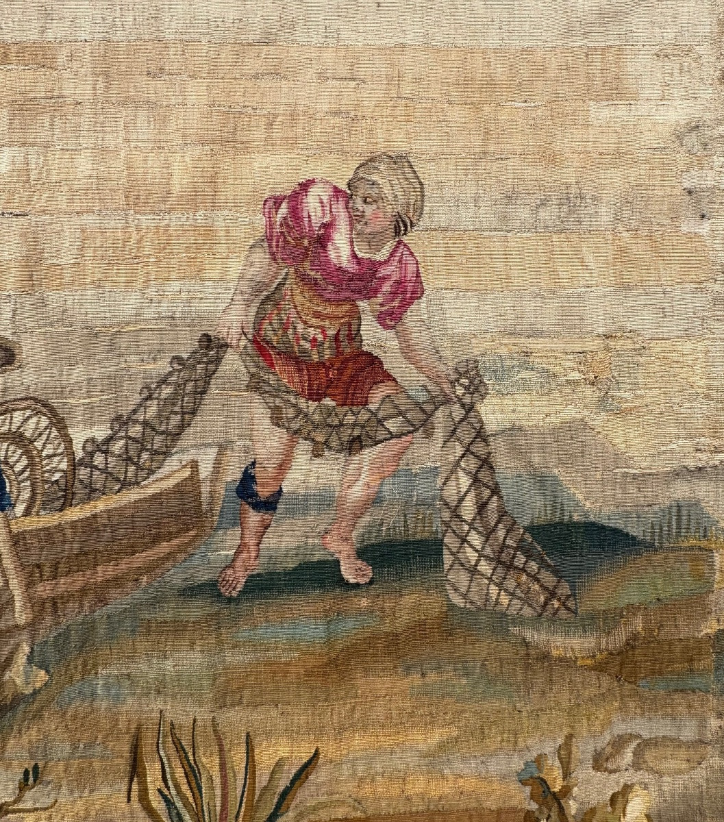 Scène De Pêche Galante Au Bord De L’eau, Tapisserie d’Aubusson Milieu 18ème Siècle -photo-3