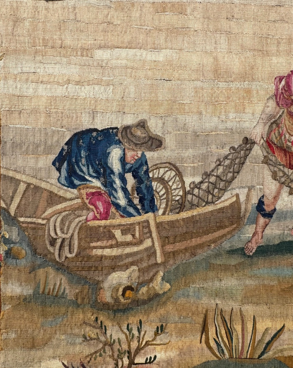 Scène De Pêche Galante Au Bord De L’eau, Tapisserie d’Aubusson Milieu 18ème Siècle -photo-4