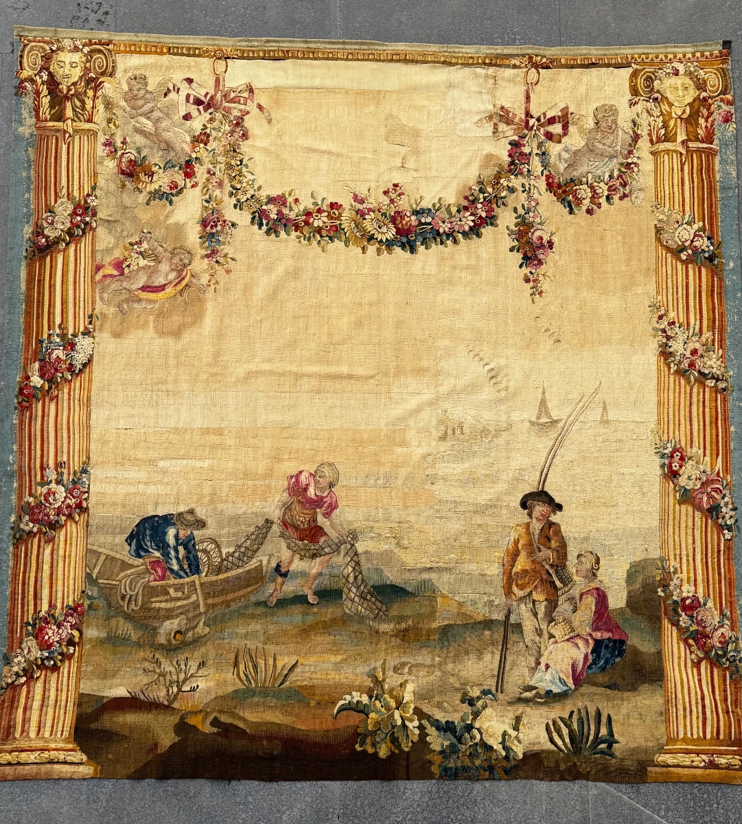 Scène De Pêche Galante Au Bord De L’eau, Tapisserie d’Aubusson Milieu 18ème Siècle 
