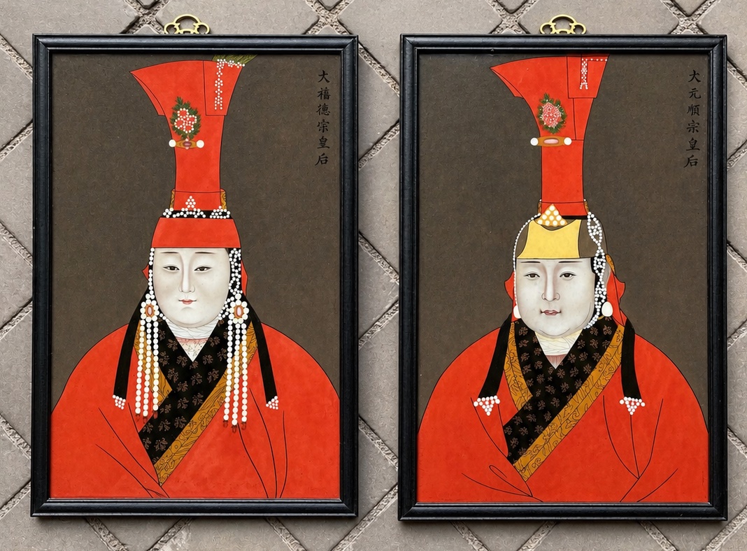Portraits Of Mongolian Empresses, Large Reverse Glass Painting 20h Century -photo-1