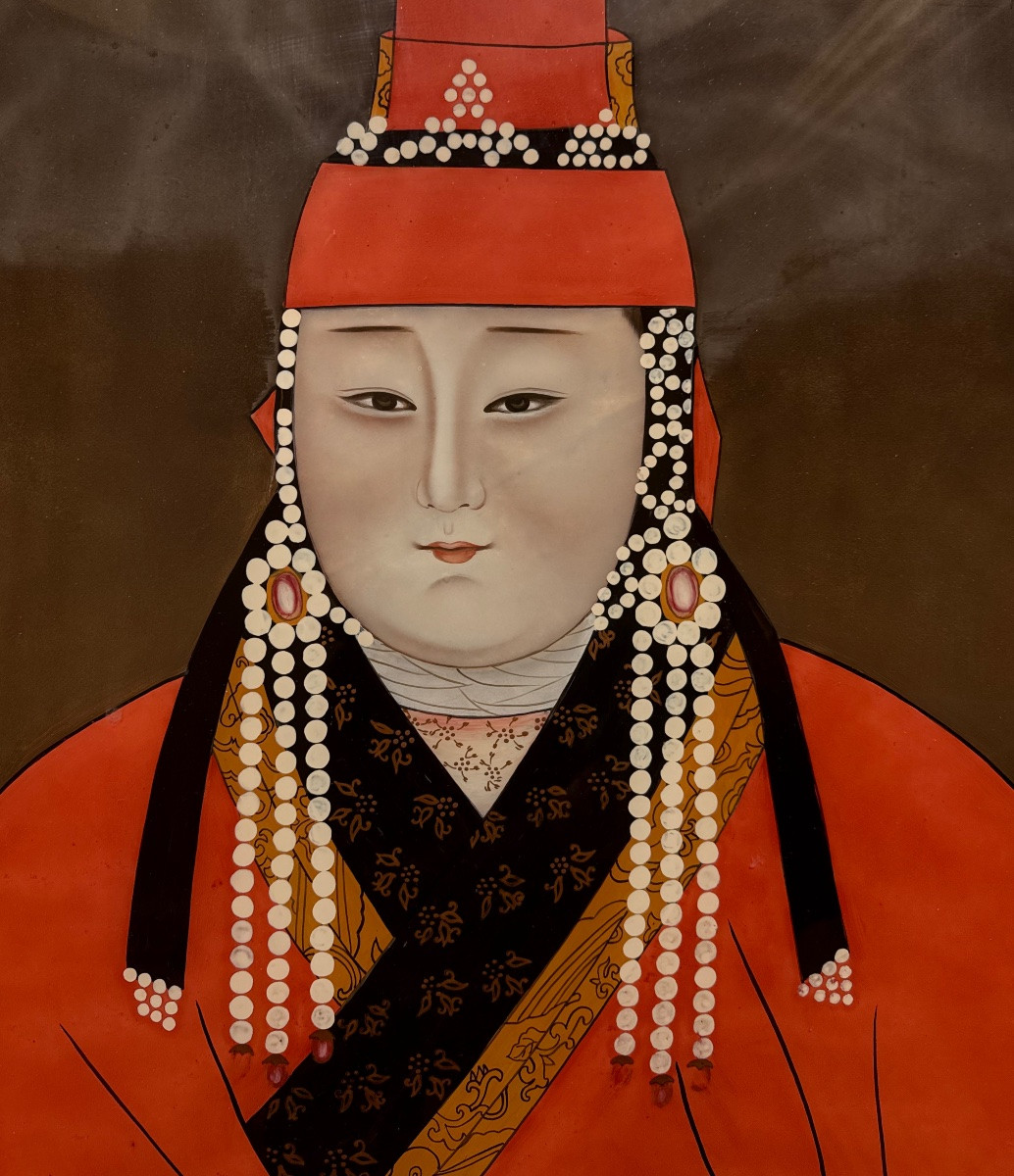 Portraits Of Mongolian Empresses, Large Reverse Glass Painting 20h Century -photo-2