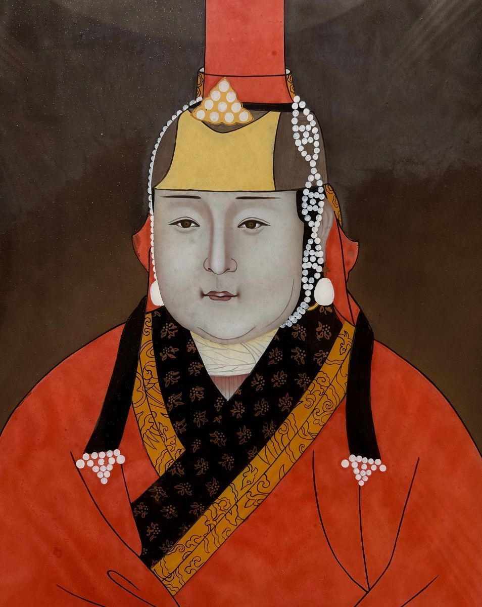 Portraits Of Mongolian Empresses, Large Reverse Glass Painting 20h Century -photo-3