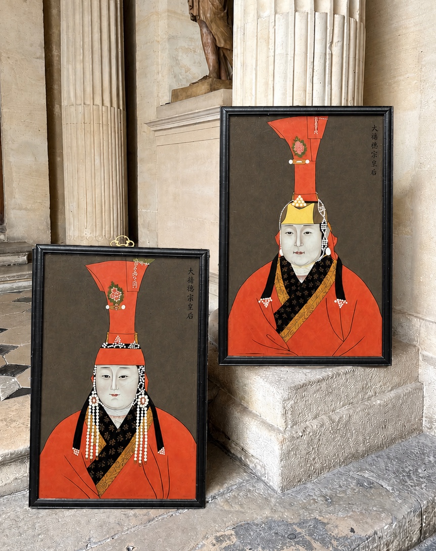 Portraits Of Mongolian Empresses, Large Reverse Glass Painting 20h Century 