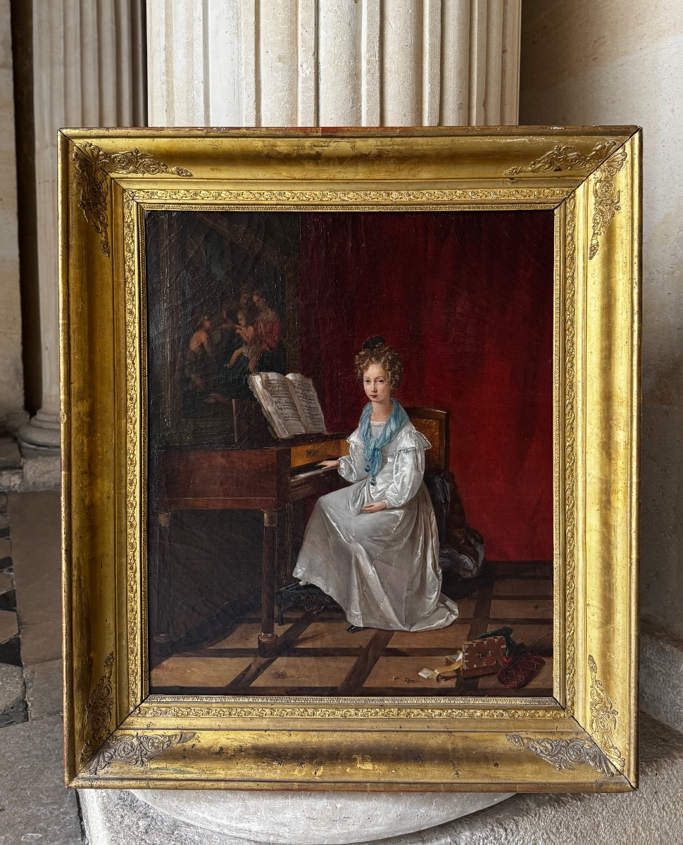 Young Girl With Piano, French School About 1820-1830