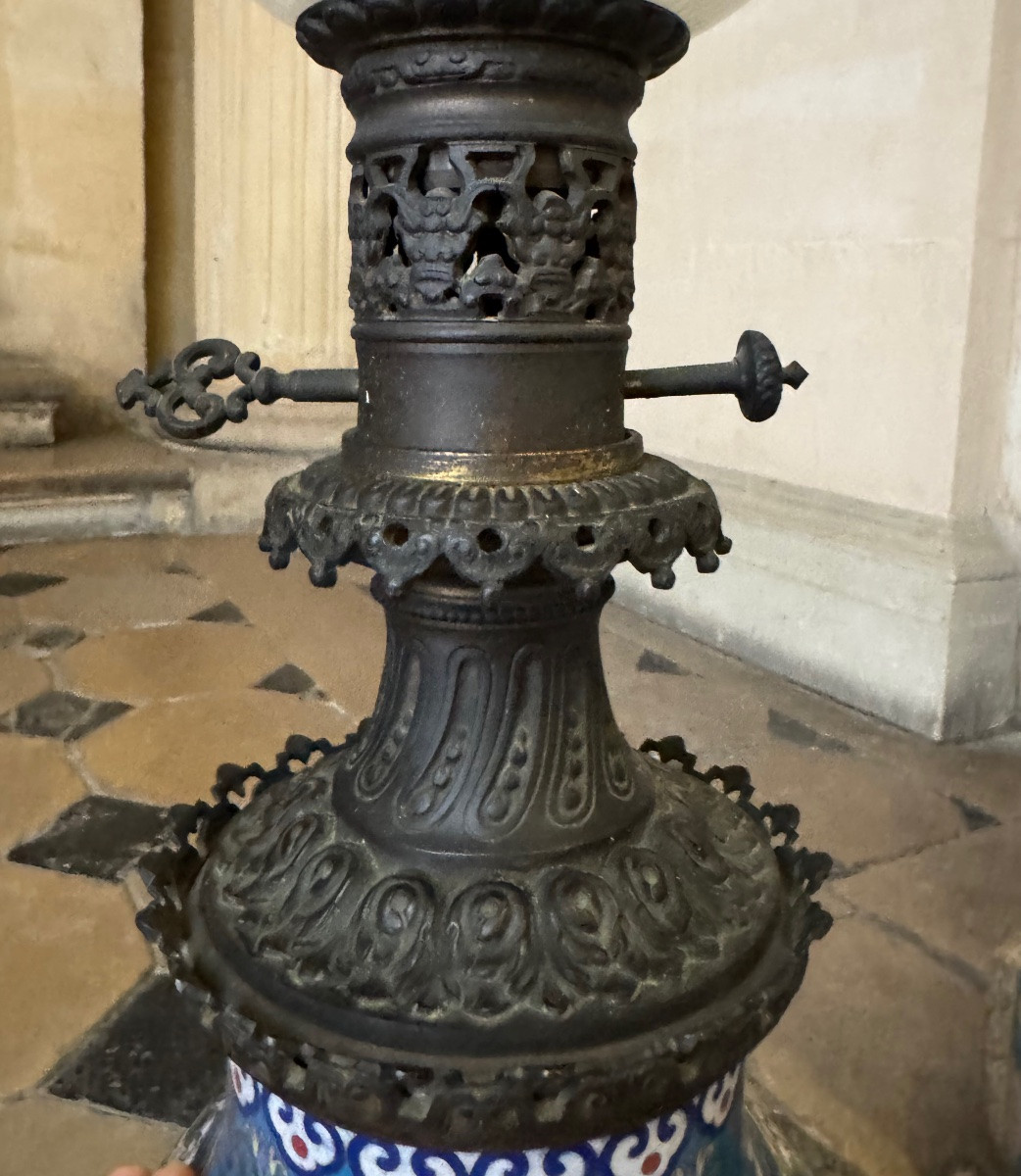 Paire De Lampes À Huile En Émaux Cloisonnés 19ème Siècle -photo-4