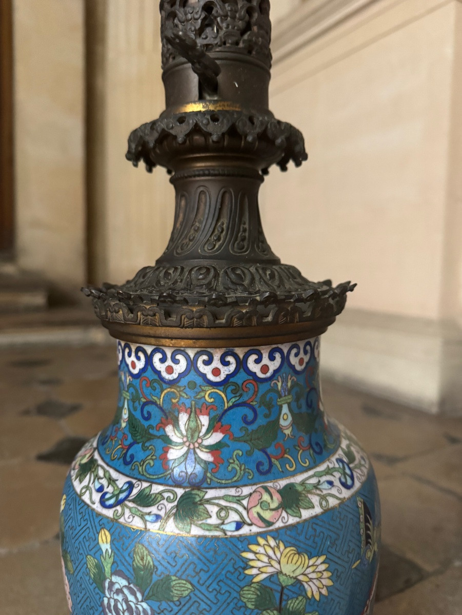 Paire De Lampes À Huile En Émaux Cloisonnés 19ème Siècle -photo-1