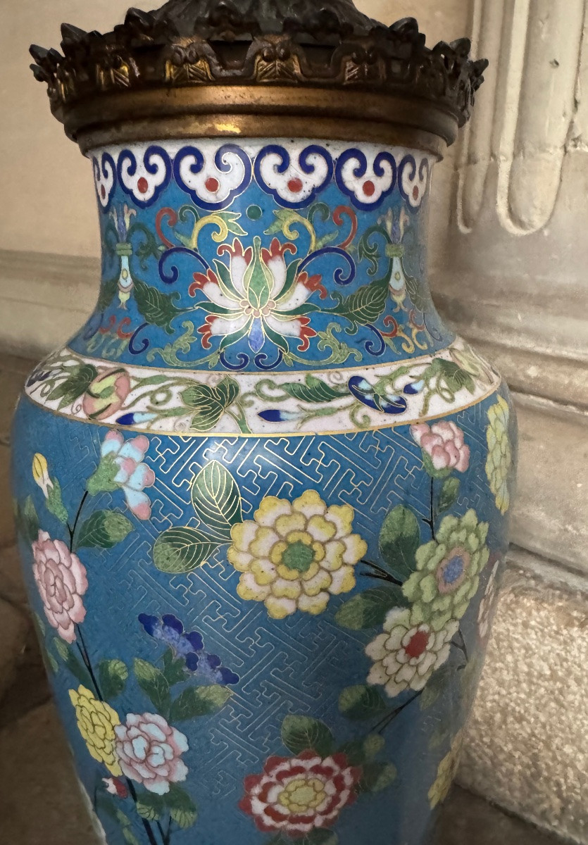 Paire De Lampes À Huile En Émaux Cloisonnés 19ème Siècle -photo-2