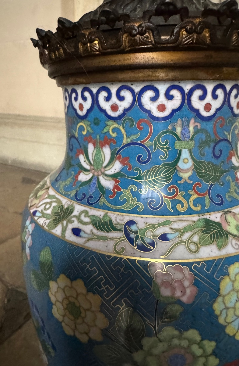 Paire De Lampes À Huile En Émaux Cloisonnés 19ème Siècle -photo-4