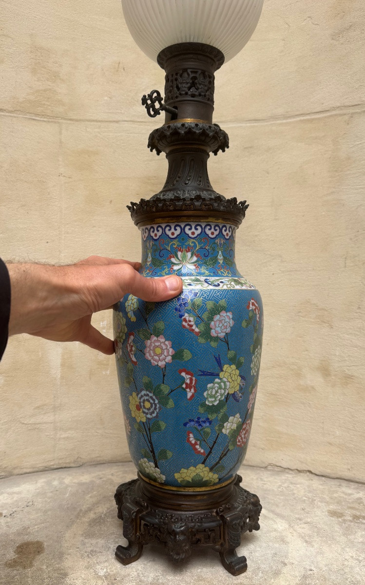 Paire De Lampes À Huile En Émaux Cloisonnés 19ème Siècle -photo-8