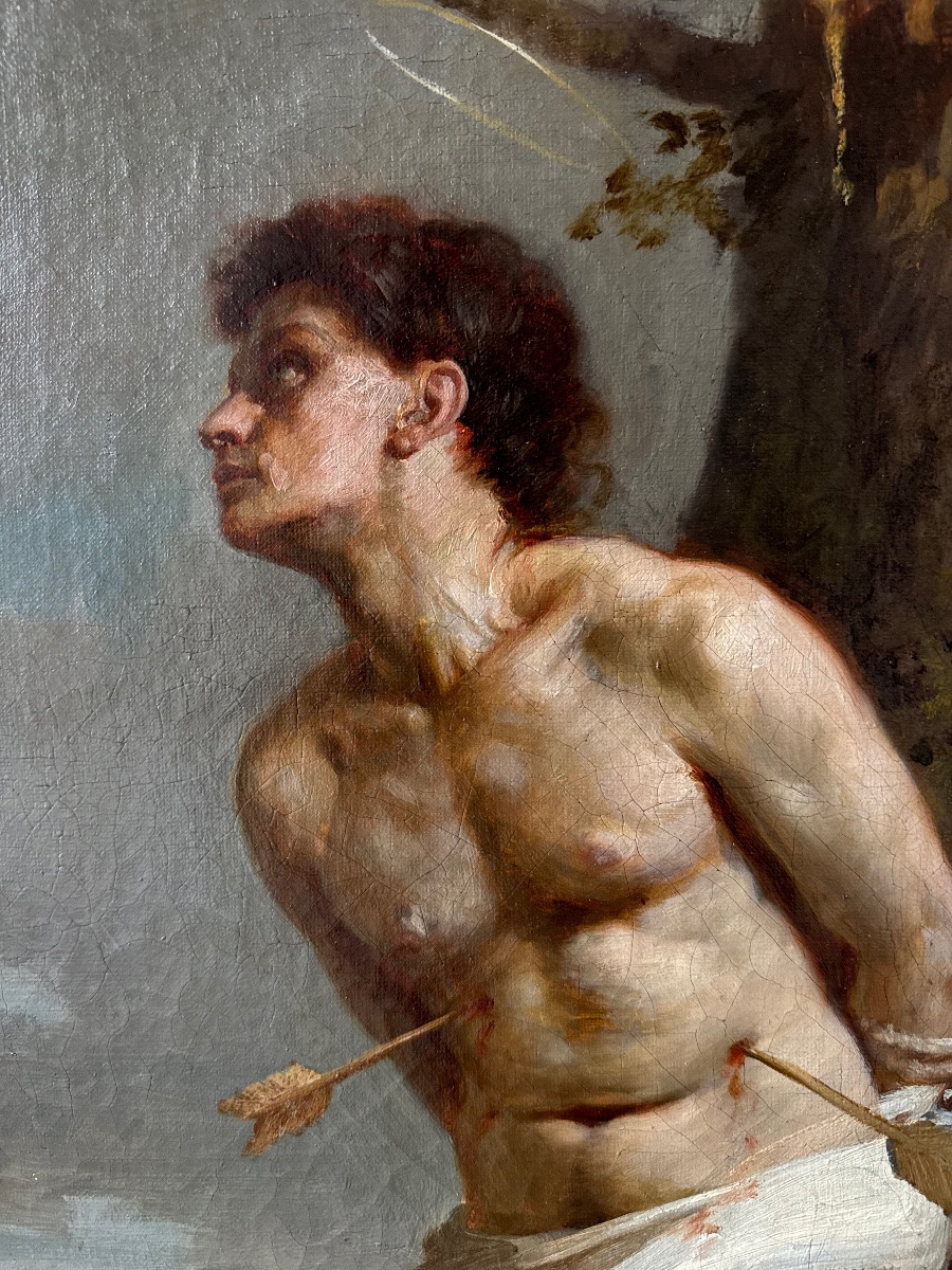 Saint Sébastien Martyr, Oil On Canvas 19th Century-photo-2