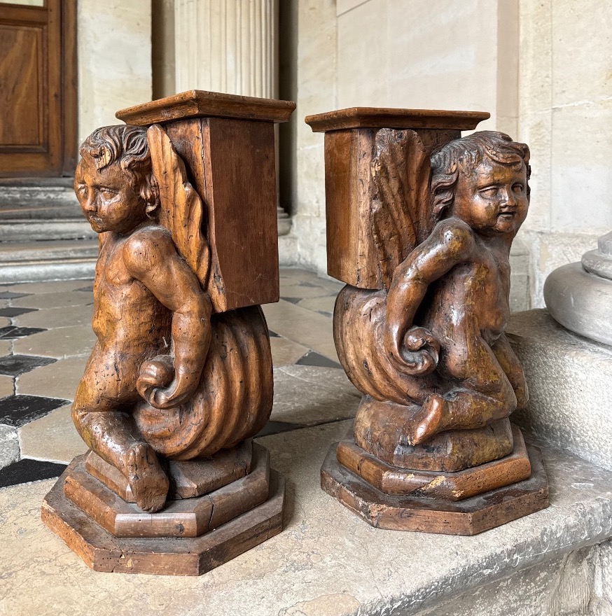 Paire De Putti En Bois Sculpté Formant Sellettes, 18ème Siècle -photo-4